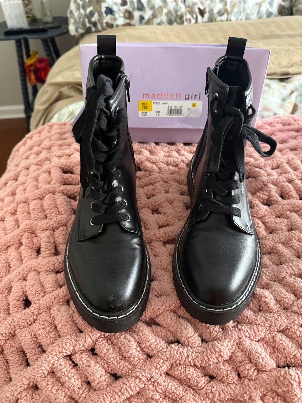 Madden Girl Black Lace-Up Combat Boots with Contrast Stitching